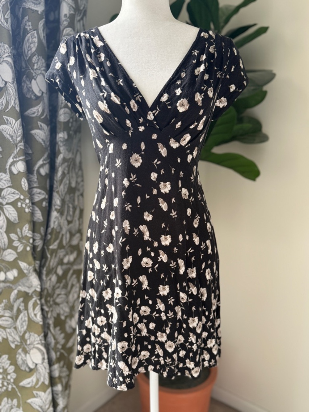 Free People Black Mini Dress with Cream Floral Print